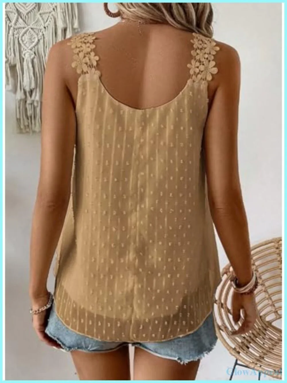 Sleeveless Crewneck Tank Top with Lace Trim and Swiss Dot Design